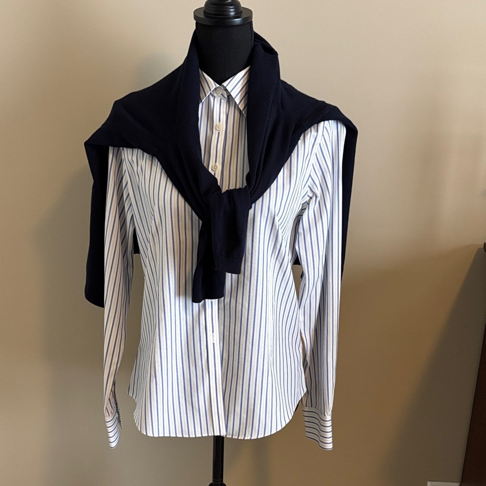 Brooks Brothers Women’s White Button Down Shirt with Blue Pinstripes. size 6